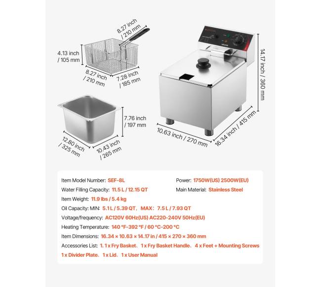 Komercinė elektrinė gruzdintuvė, 7,5 l6