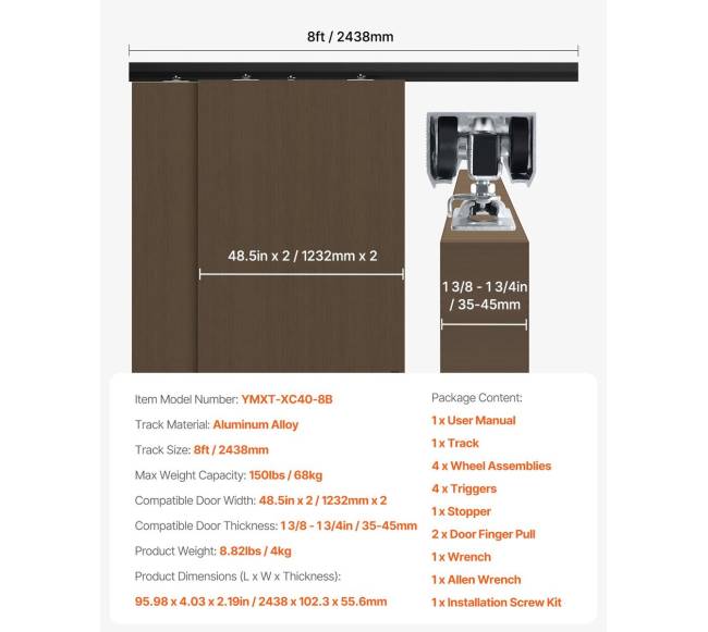 8 pėdų stumdomų durų laikiklio komplektas6