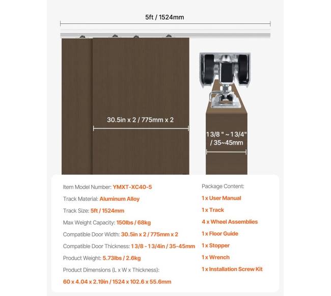 Stumdomų durų bėgių komplektas 5 ft6