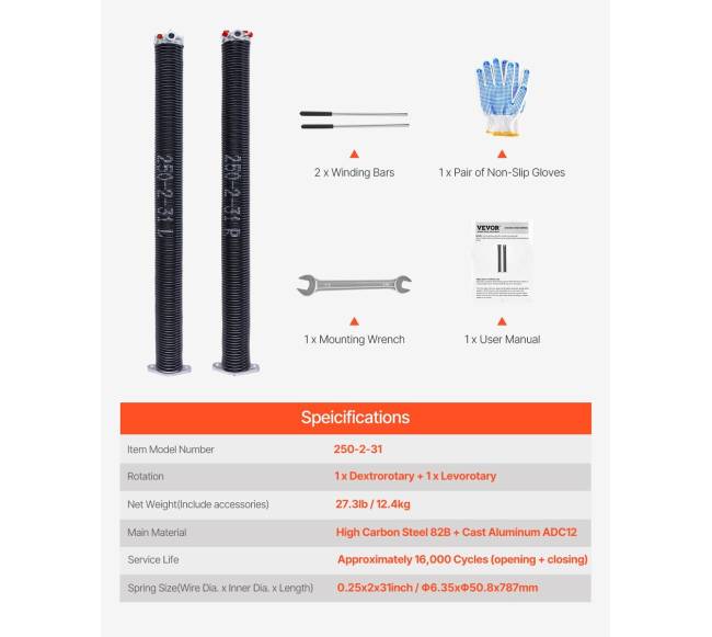 Garažo durų torsioninės spyruoklės 6.35 x 50.8 x 787 mm su prasukimo lazdomis6