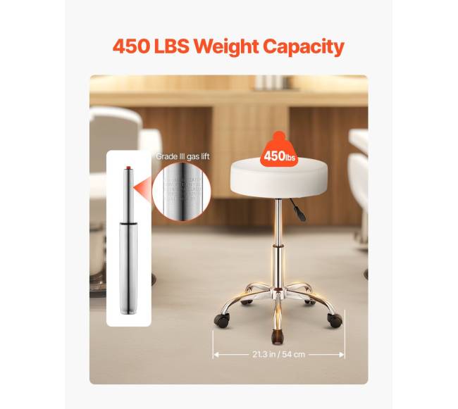 Baltas apskritas reguliuojamas taburetė su ratukais2