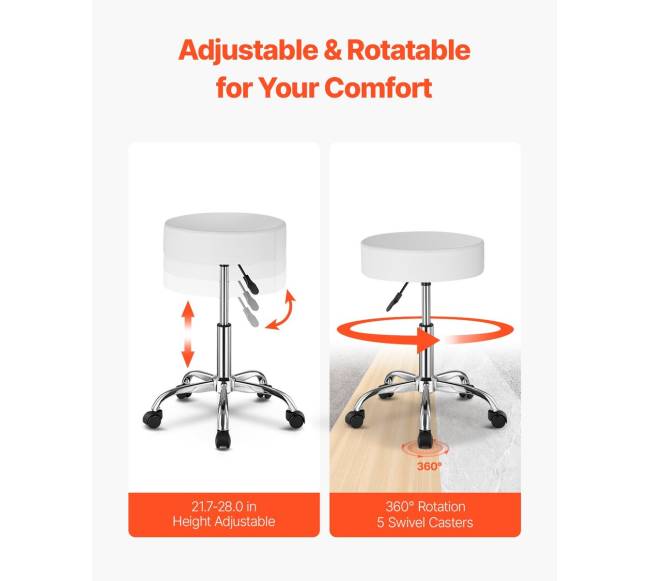 Baltas apskritas reguliuojamas taburetė su ratukais3