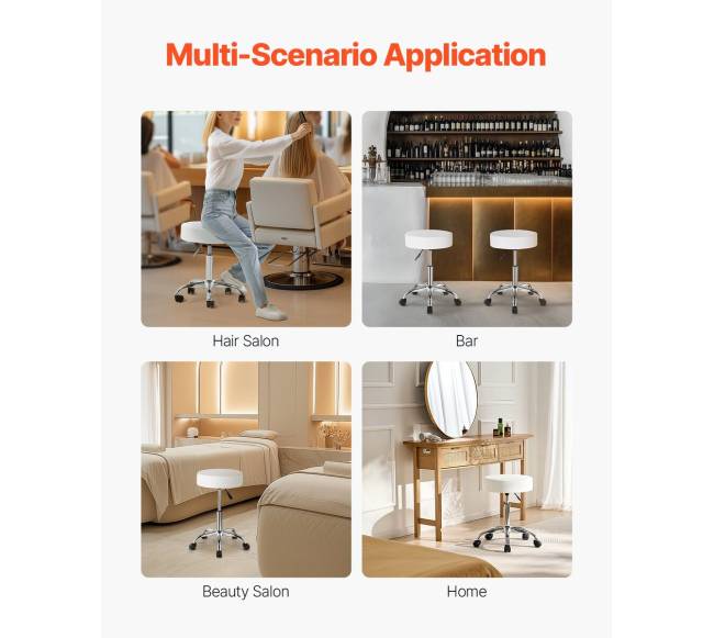 Baltas apskritas reguliuojamas taburetė su ratukais5