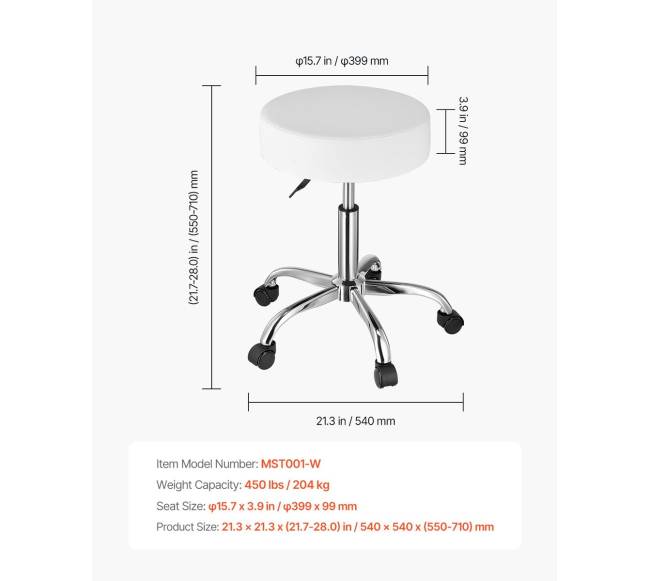 Baltas apskritas reguliuojamas taburetė su ratukais6