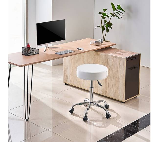 Baltas apskritas reguliuojamas taburetė su ratukais7