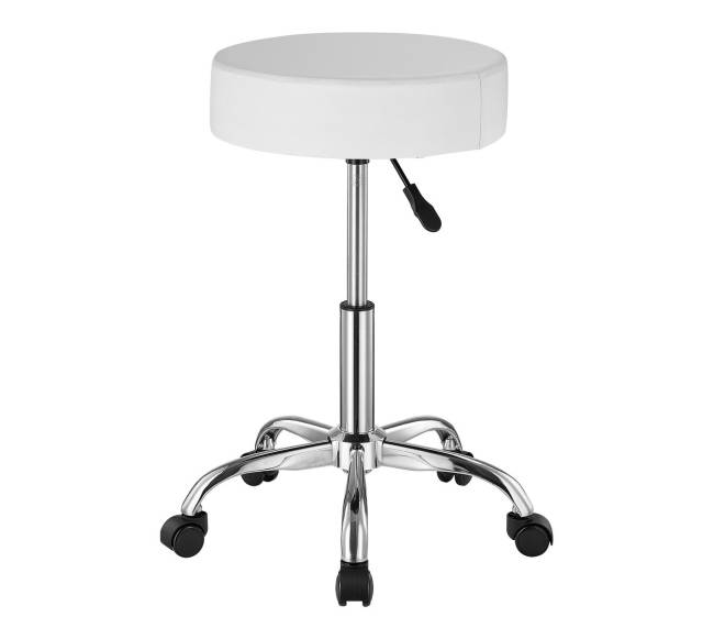 Baltas apskritas reguliuojamas taburetė su ratukais9