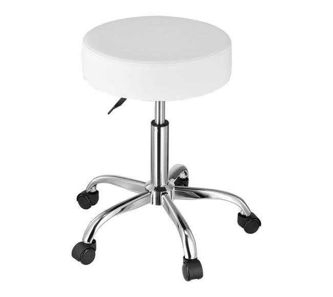 Baltas apskritas reguliuojamas taburetė su ratukais10