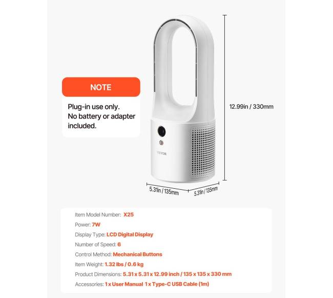 Nešiojamas beventilinis stalo ventiliatorius 33cm6