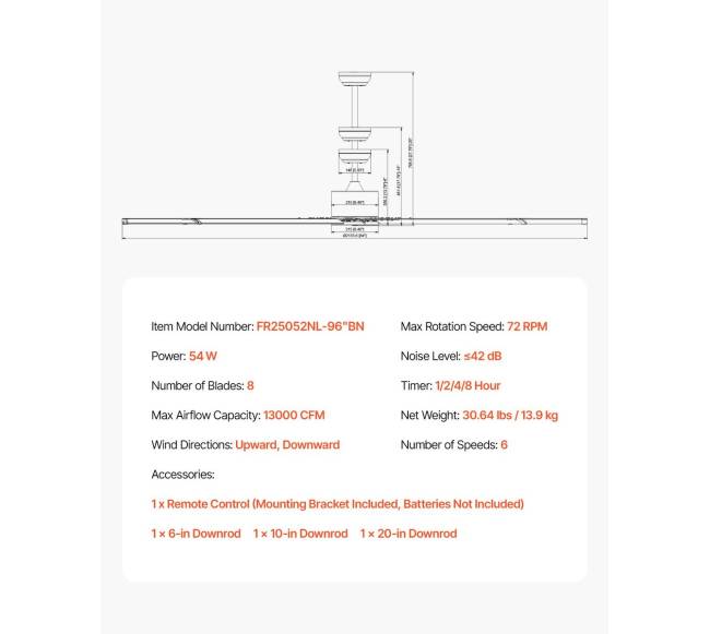 244 cm aliuminio lubų ventiliatorius su nuotoliniu valdymu6