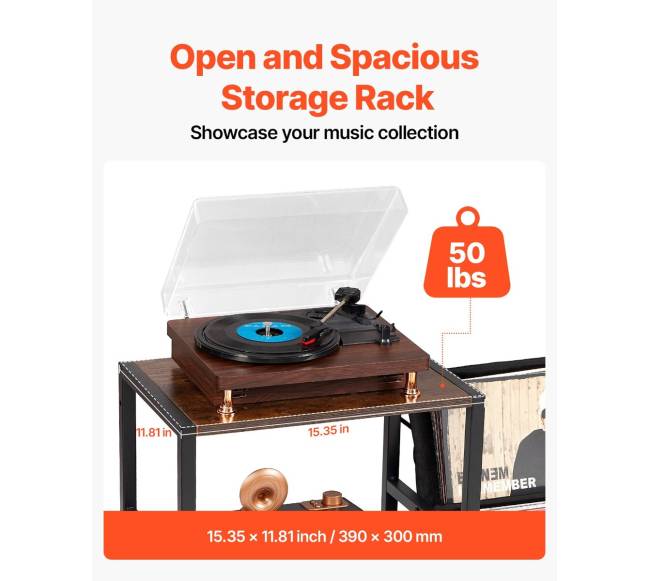 3 pakopų vinilų lentyna su LED ir USB jungtimis3