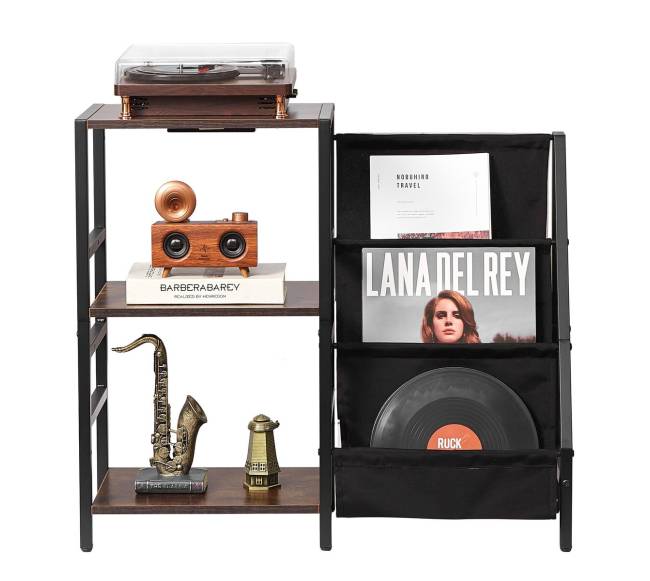 3 pakopų vinilų lentyna su LED ir USB jungtimis10