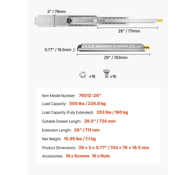 Minkšti uždarymo stalčių bėgeliai, 46-152 cm6