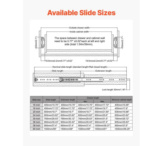 Pora minkštai uždaromų stalčių bėgelių 16-60 colių5