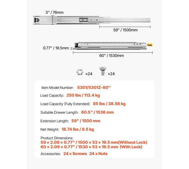 Pora minkštai uždaromų stalčių bėgelių 16-60 colių6