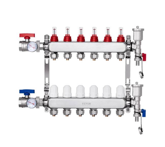 6 šakų grindinio šildymo kolektorius su PEX vamzdžiais0