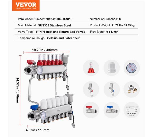 6 šakų grindinio šildymo kolektorius su PEX vamzdžiais6
