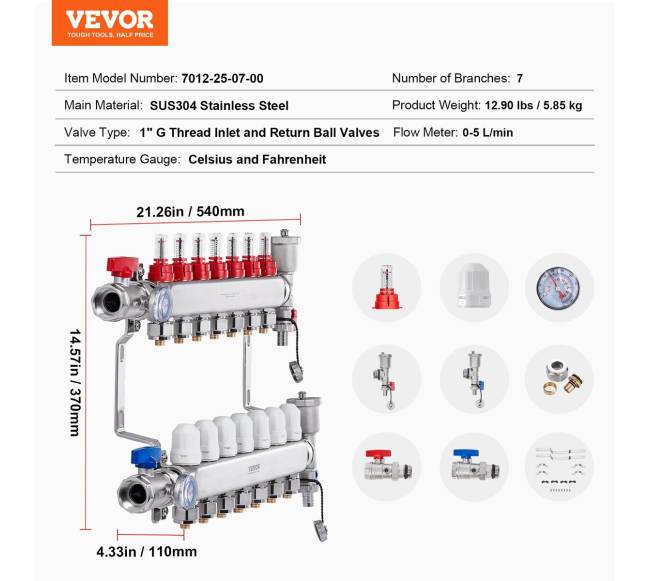 7 šakų grindų šildymo kolektorius PEX vamzdžiams6