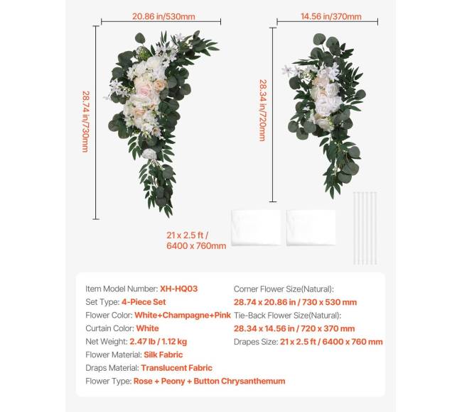 Dirbtinės vestuvių arkos gėlių rinkinys baltas6