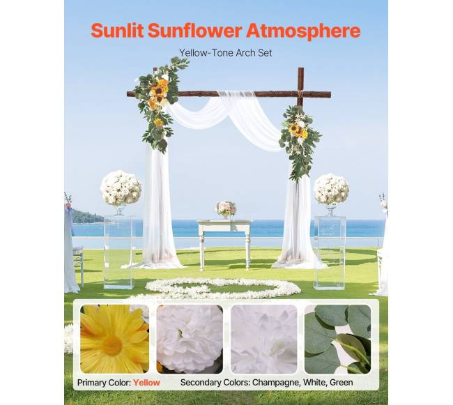 Vestuvinė geltona dirbtinių gėlių arka su audiniu1