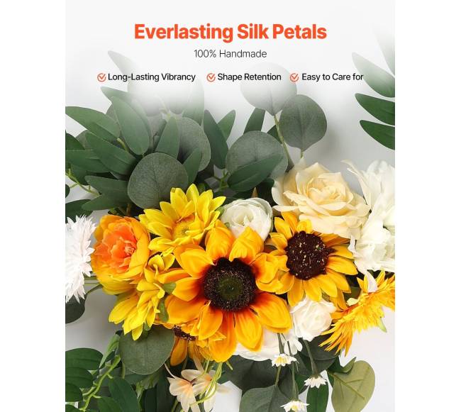 Vestuvinė geltona dirbtinių gėlių arka su audiniu3