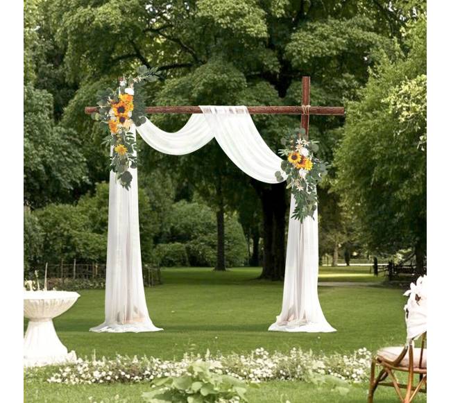 Vestuvinė geltona dirbtinių gėlių arka su audiniu7