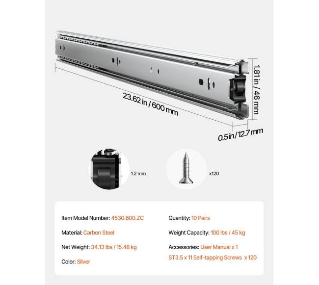 Šoninės stalčių bėgeliai 60 cm 10 porų6