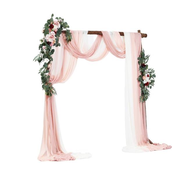 Dirbtinių gėlių vestuvinė arka rožinė su užuolaidomis0
