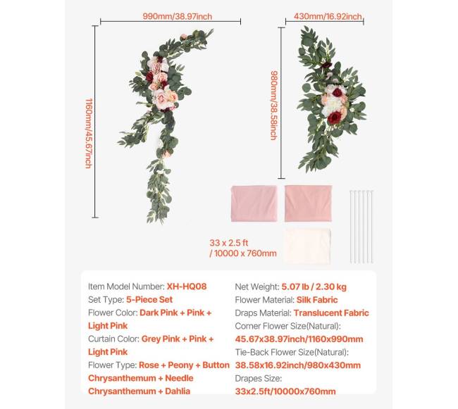 Dirbtinių gėlių vestuvinė arka rožinė su užuolaidomis6