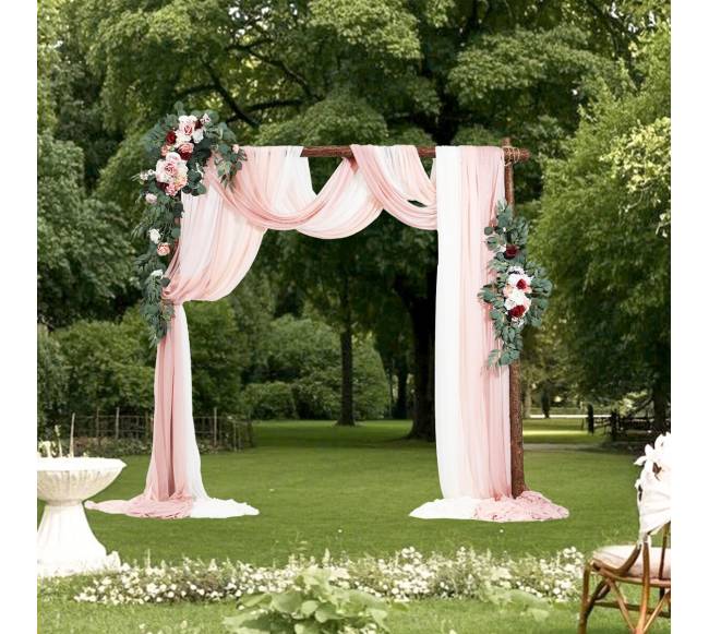 Dirbtinių gėlių vestuvinė arka rožinė su užuolaidomis7