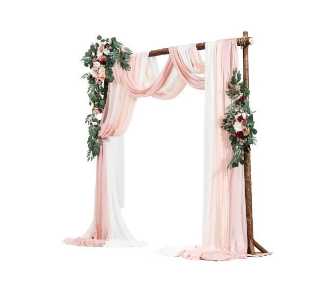 Dirbtinių gėlių vestuvinė arka rožinė su užuolaidomis9