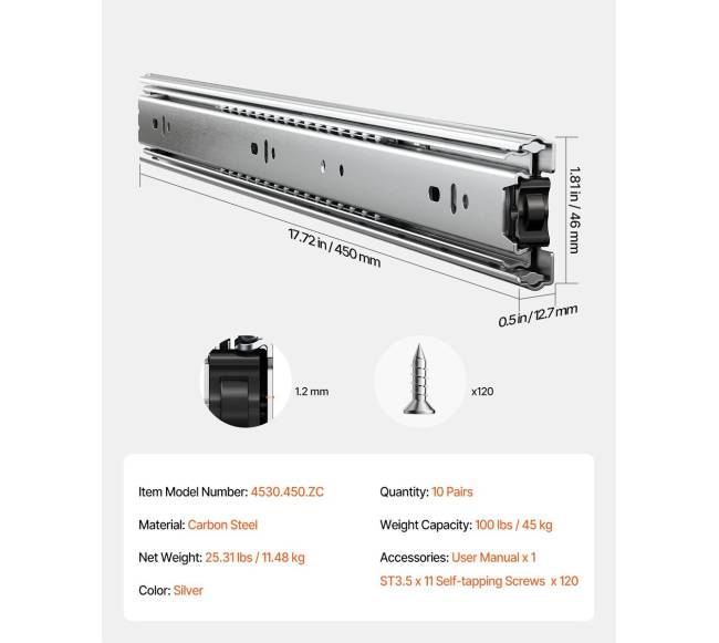 Šoninio montavimo stalčių bėgeliai, 45 cm, 10 porų6