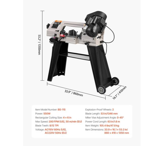 Metalo juostinis pjūklas su stovu, 550W variklis6