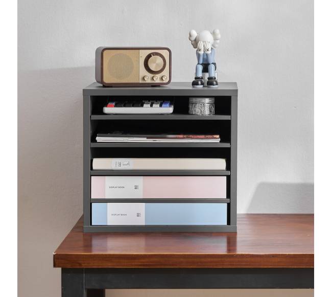 Pilkas medinis stelažas su 5 skyriais7