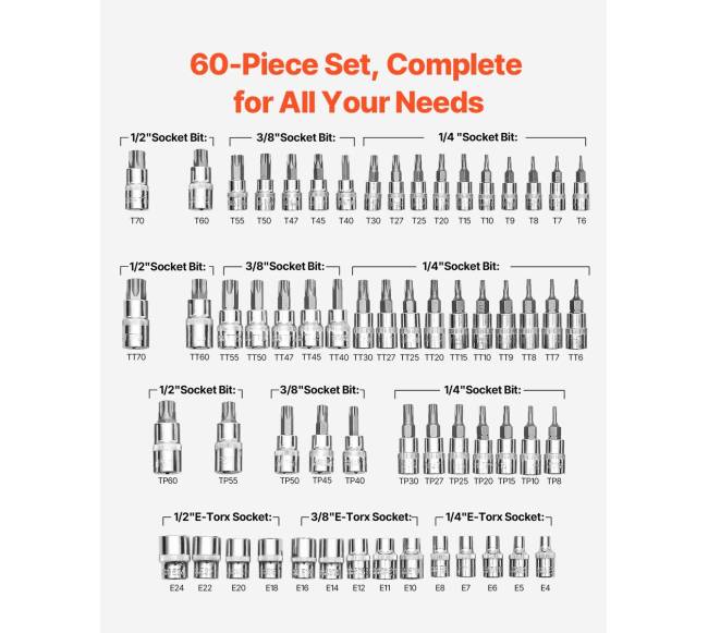 Torx bitų ir išorinių Torx galvučių rinkinys, 60 dalių2