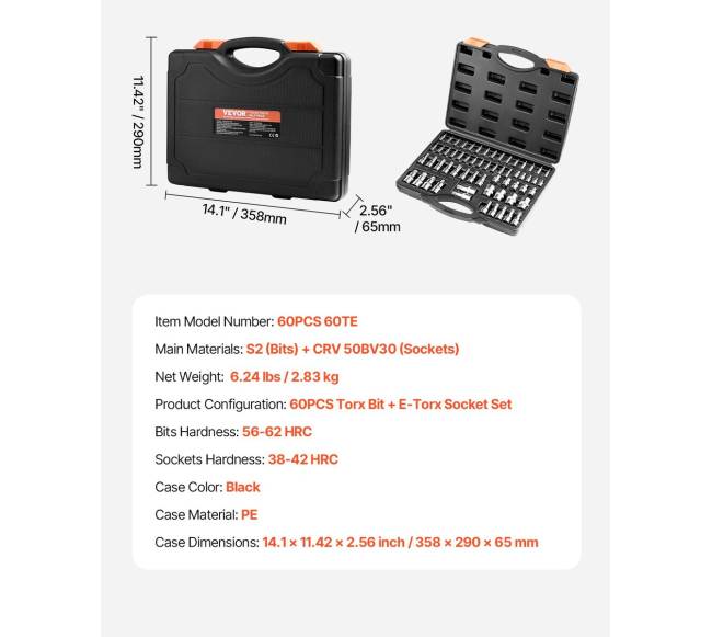 Torx bitų ir išorinių Torx galvučių rinkinys, 60 dalių6