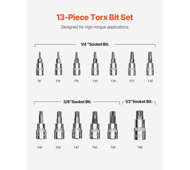 Torx galvučių komplektas 13 dalių T8 - T602