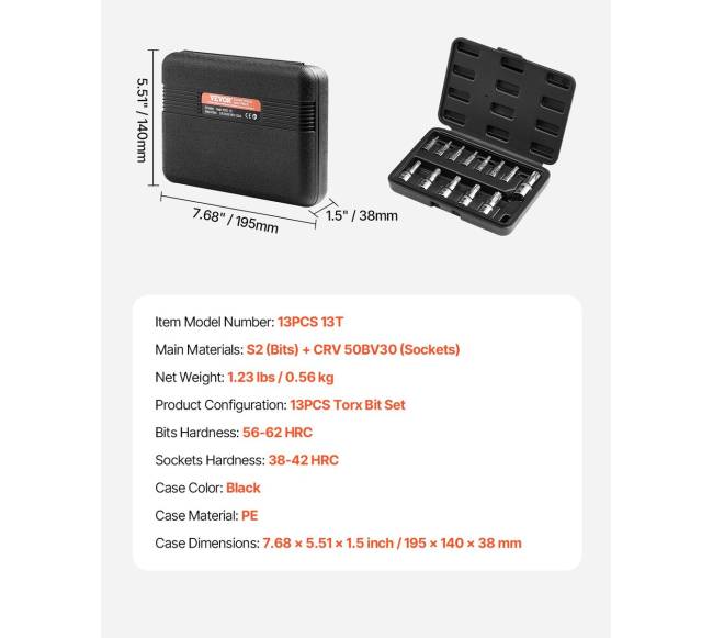 Torx galvučių komplektas 13 dalių T8 - T606