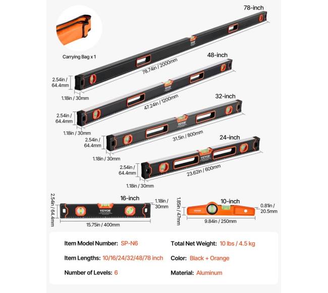 6 dalių torpedo lygio matuoklis su burbuliukais 2000 mm6