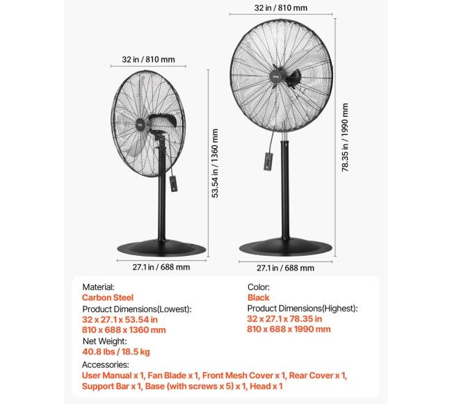 76 cm industrinis pastatomas ventiliatorius, reguliuojamas aukštis6