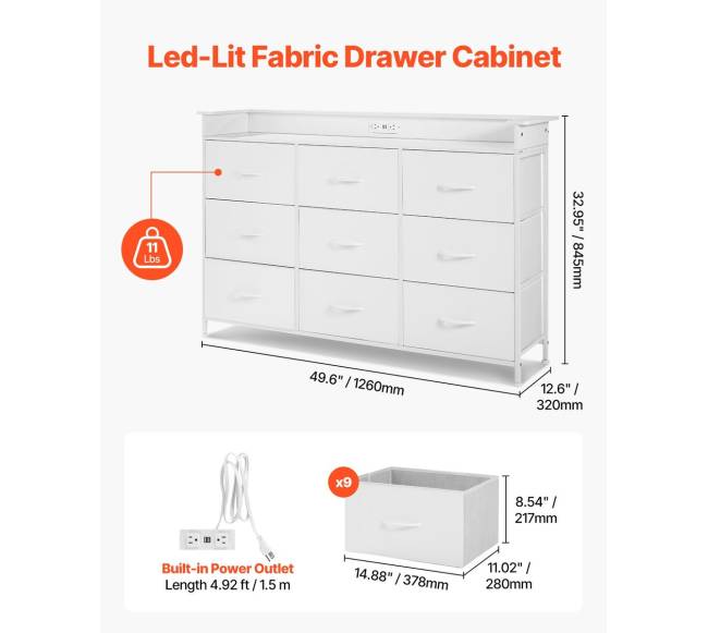 9 stalčių aukšta komoda su LED ir elektros lizdais1