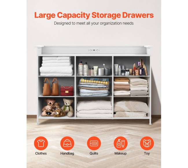 9 stalčių aukšta komoda su LED ir elektros lizdais2