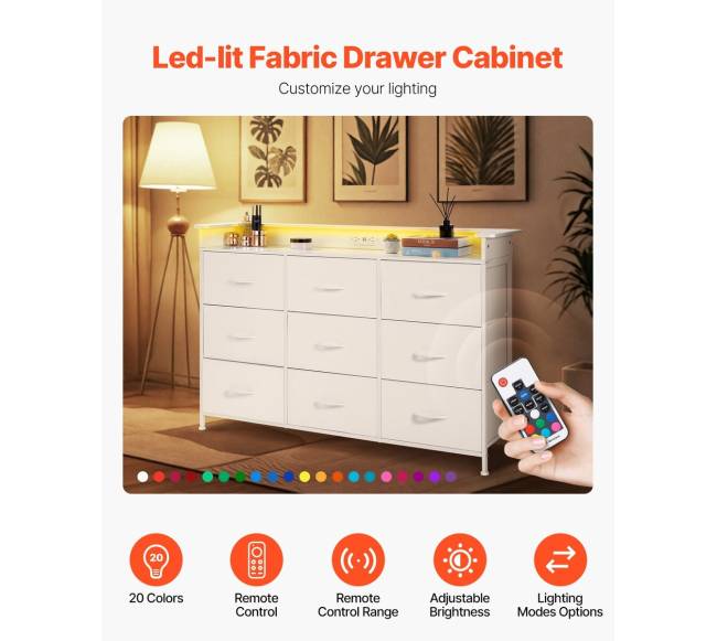 9 stalčių aukšta komoda su LED ir elektros lizdais4