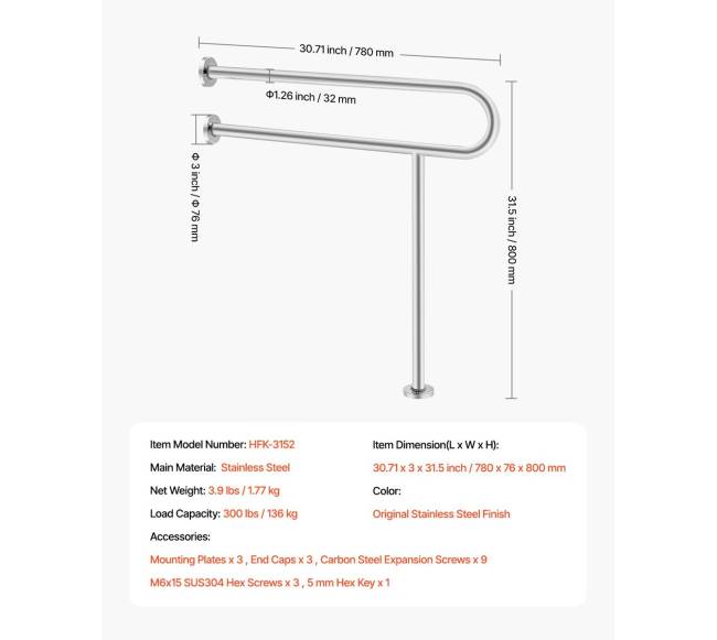 Tualeto turėklas su atrama 80 cm plieninis6