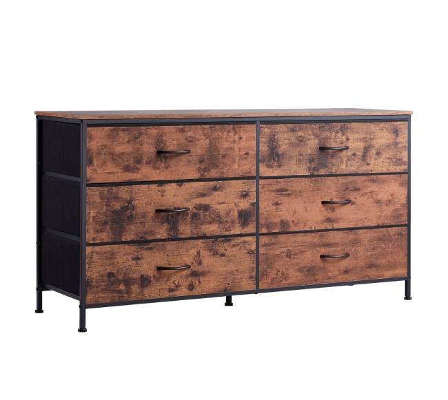 ruda komoda su 6 stalčiais ir plieniniu rėmu0