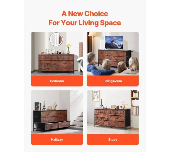 ruda komoda su 6 stalčiais ir plieniniu rėmu6