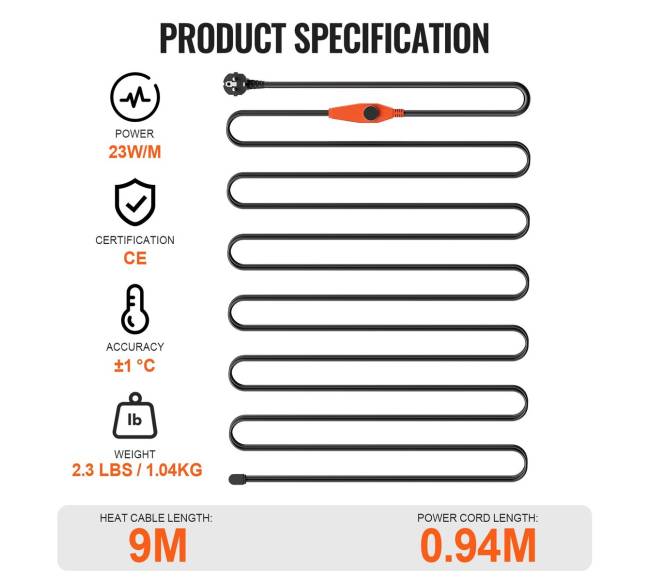9 m 23 Wm vamzdžių šildymo kabelis su termostatu6