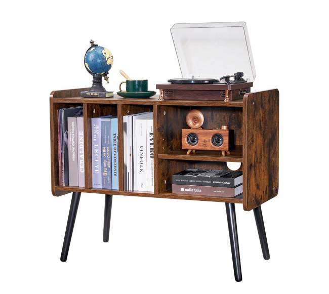 Dviejų aukštų medinis patefono stovas su trimis spintelėmis9