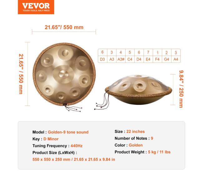 22 cm 9 natų plieninis būgnelis su lazdeliu6