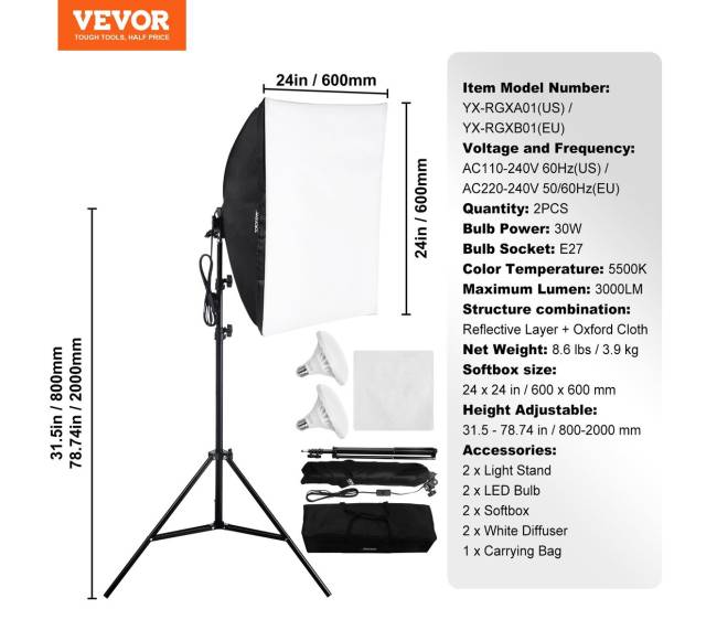 softbox apšvietimo komplektas su reguliuojamu stovu6