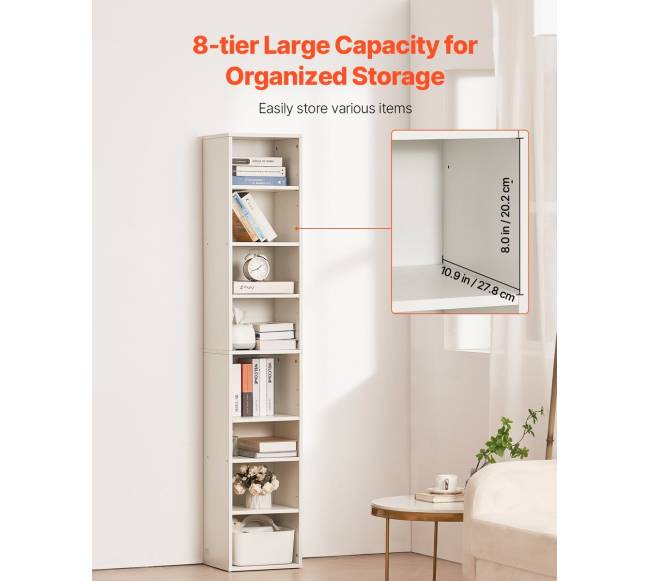 8 pakopų siaura balta medinė knygų lentyna2